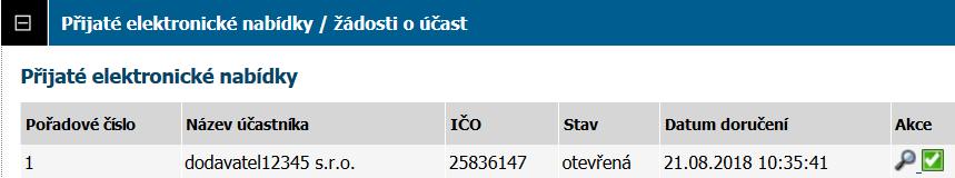 7. Posouzení a hodnocení elektronických nabídek 1) Rozklikněte záložku Přijaté elektronické nabídky / žádosti o účast. K posouzení splnění požadavků na nabídku slouží ikona ve sloupci Akce.