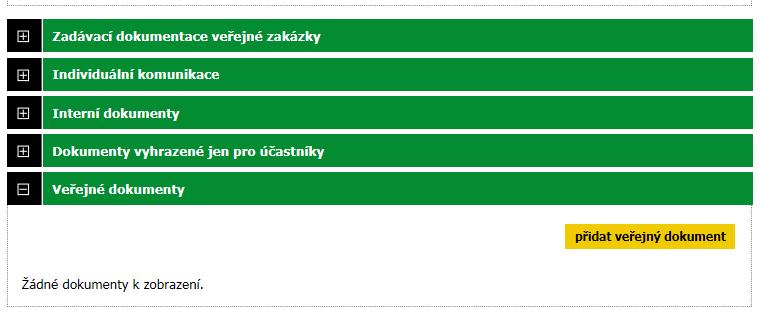 5) Je-li již smlouva v Registru smluv uveřejněna, rozklikněte v E-ZAKu v detailu zakázky záložku Veřejné dokumenty a klikněte na Přidat
