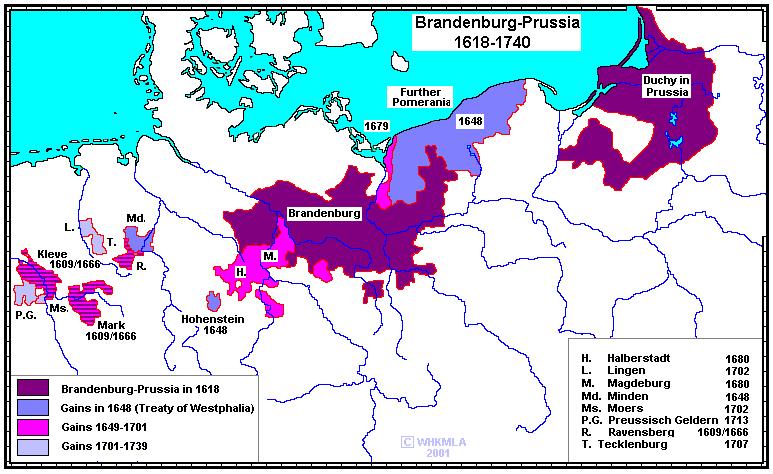 Územní rozvoj Braniborska-Pruska do nástupu Fridricha II.: opuštěná území v Braniborsku a ve Východním Prusku, nově příchozím poskytoval všestrannou podporu, snižoval jim např. i daně.