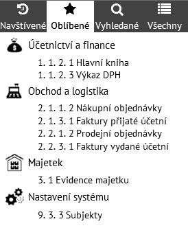 Příklad oblíbené činnosti zobrazené jako strom Příklad oblíbené činnosti zobrazené jako seznam Záložka Vyhledané V záložce Vyhledané lze fulltextově vyhledávat činnosti podle klíčových slov (části