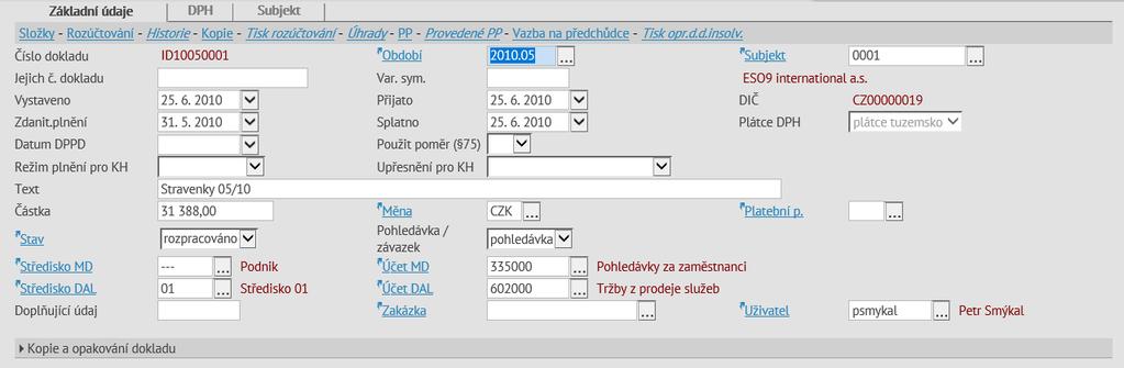 Ikona (Opis dat do XLS) slouží k opisu dat do Excelu Ikona (Uložené sestavy) slouží k zobrazení a tisku sestav, které jsou k činnosti uložené Záložky Každá z forem (částí) může být v režimu Tabulka