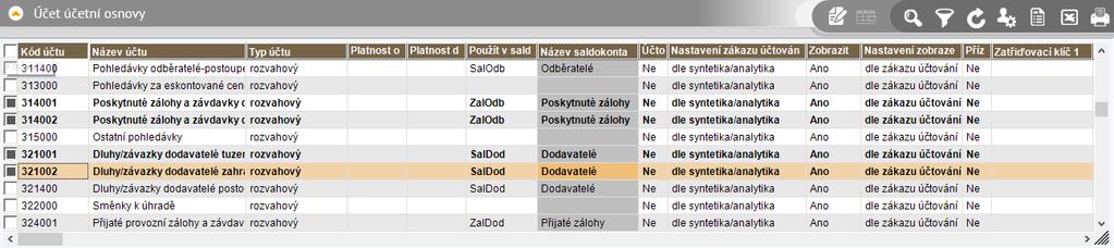 Ostatní akce Tisk sestav (viz kapitola Přístup k datům - Sestavy) Obnova dat (viz kapitola Volba činnosti Záložka Navštívené) Označování řádků Umožňuje vybrat různé záznamy, které sice nemají nic