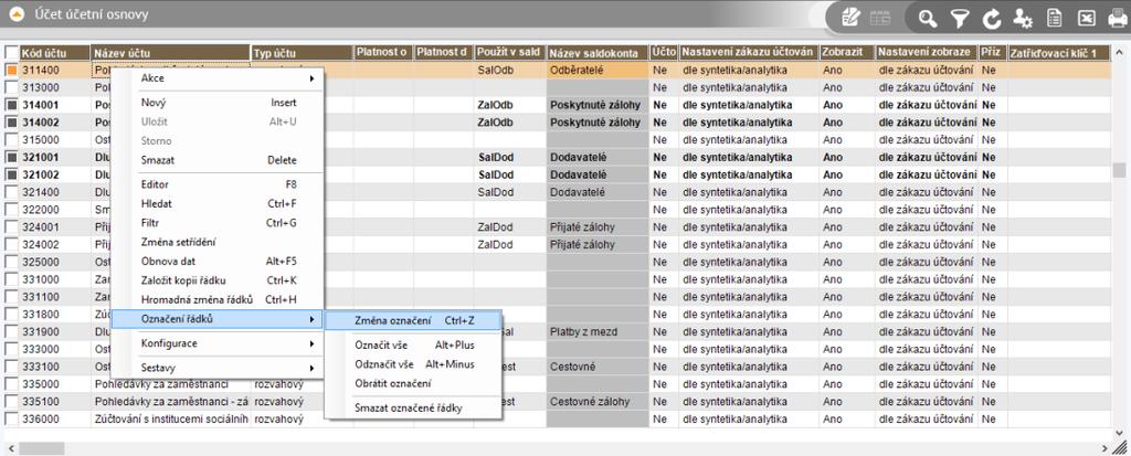 Příklad vyvolané pomocné menu pro označení Význam položek pro označení v menu: Změna označení - označí se nebo odznačí jeden záznam Označit vše označí všechny záznamy Odznačit vše odznačí všechny