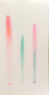 Obrázek 35: výsledný chromatogram silufol (zleva: červená a zelená barva, směs barev), rozpouštědlo: destilovaná voda Obrázek 36: výsledný chromatogram silufol (zleva: modrá a červená barva, směs