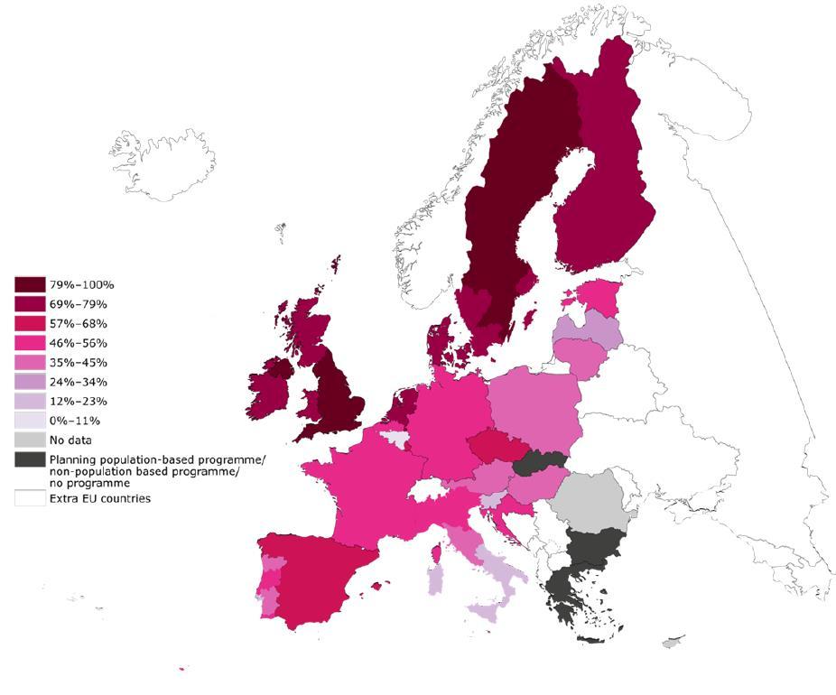 Mezinárodní srovnání pokrytí screeningem karcinomu prsu věková skupina 50-69 let, rok 2013 Zdroj: Cancer Screening in the European Union, Report on the implementation of the Council Recommendation on