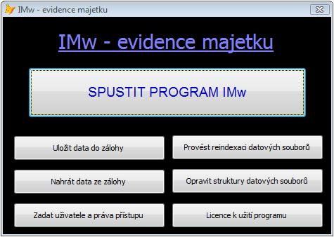 IMw - program evidence majetku - stručný průvodce Strana : 2 Zde můžete mimo jiné uložit data do zálohy nebo z dříve vytvořené zálohy data obnovit.