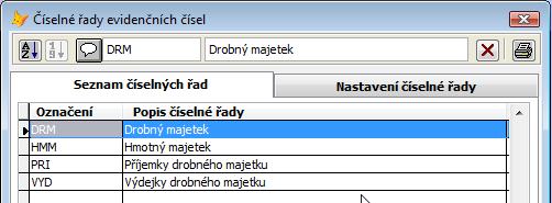 zaváděnému dlouhodobému nebo drobnému majetku. Číslování majetku Zde se nastavují číselné řady. Tyto číselné řady mají několik způsobů použití: 1.