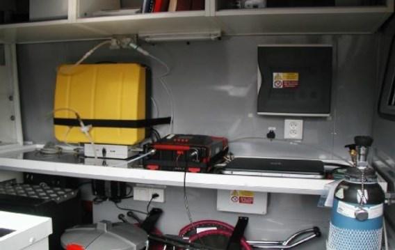 Pod těmito poličkami jsou dvě průchodky uzavíratelné kohoutem do boční stěny nástavby k nasávání vzorků vzduchu přímo do laboratorních přístrojů a k odběru vzorků vzduchu z vozidla (viz Obrázek 3.4).