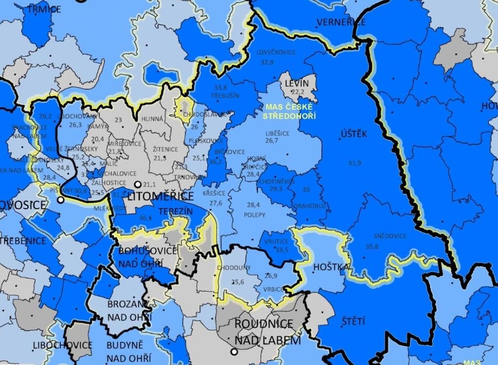 vesnického charakteru dosahuje od 50 obyv./km 2 až do 230 obyv./km 2. Dominují Litoměřice, které jsou městským sídlem, a proto jsou nejlidnatější. Žije zde 1.