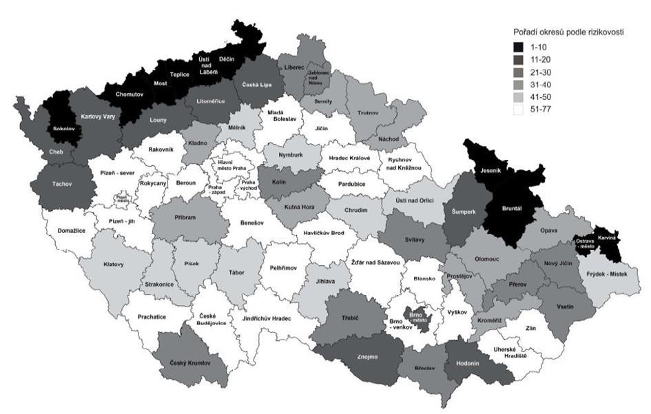 Obrázek 6 Rizikovost okresů Zdroj: Bezpečnostní analýza Ústeckého kraje-aktualizace 2013, MV ČR 2013 Území MAS CS se na základě Bezpečnostní analýzy řadí vyhodnocenou rizikovostí nad republikový