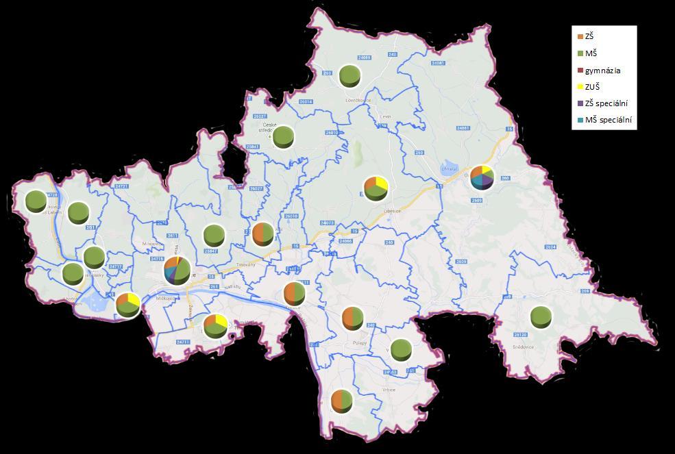 Obrázek 10 Pokrytí území školskými zařízeními Zdroj: vlastní šetření, 2015 Zařízení pro volný čas - obdoba domů dětí a mládeže, působí ve městech Litoměřice, Úštěk a Terezín.