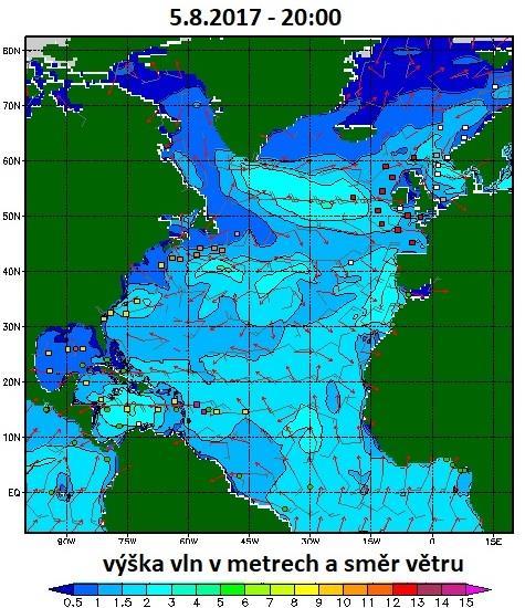 Obrázek 10 - situace nad atlantským oceánem Zdroj: http://polar.ncep.noaa.gov/waves/viewer.shtml?-multi_1-latest-hs- N_atlantic- Na obrázku 10 můžeme vidět využití těchto dat v praxi.