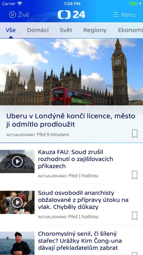 Redesign mobilní aplikace ČT24 Nová aplikace ČT24 je dostupná na OS Android a ios. Přináší modernější vzhled sladěný s podobou webových stránek.