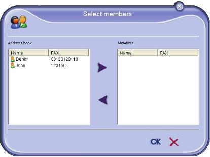 Skupina může obsahovat kontakty z adresáře nebo nové kontakty. 1. možnost: členové skupiny jsou již zadáni v adresáři. Klepněte na tlačítko VYBRAT ČLENY. Zobrazí se okno pro výběr.