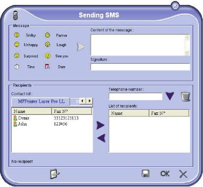 Zobrazení okna pro odesílání SMS Odeslání SMS 1 V okně MF DIRECTOR klepněte na ikonu SMS. 2 Klepněte na NOVÝ a potom na SMS.