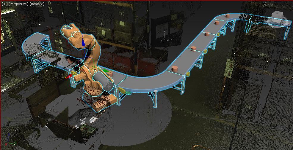 62 Bodové mračno pracoviště - vlevo, Model pracoviště v Inventoru vpravo b) Sestavení 3D layoutu Jednotlivé části bodového mračna, získané v prvním kroku, je možné v Inventoru převést na
