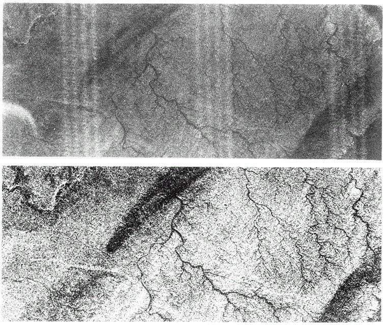 Obrázek 80 Radarový obraz před a po odstranění páskování a jiného šumu (http://geog.hkbu.edu.hk/geog3610/lect- 08.pdf) Atmosférické korekce Atmosférické korekce jsou nejkomplikovanější formou opravy.