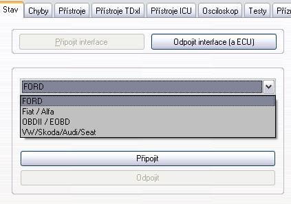 Přehled záložek / obrazovek programu: Stav Zde se provádí výběr připojované ECU a zobrazují se zde zjištěné infomace o ECU Spojení s ECU jednotkou