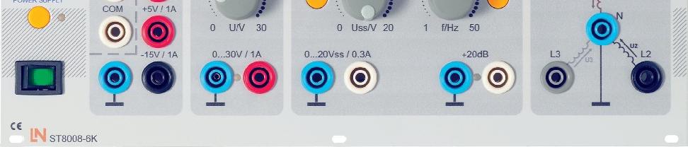 č. ST8008-6K Technické dáta 10 Generátor funkcií 0,1-1 MHz (sínusové-, pravouhlé a trojuholníkové napätie) 4 x Stabilizované DC-napätia -15V, 5V; 12V, 15V, 0 30V, každé 1A Trojfázový generátor 3 x 7V