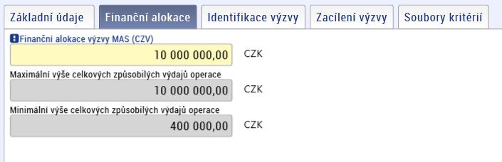 Povinná data na záložce: Pole Název výzvy : textové pole, název výzvy stanoví MAS, Druh výzvy: MAS z číselníku zvolí vždy Kolová, Datum vyhlášení výzvy MAS: Datum, ke kterému je výzva MAS vyhlášena,
