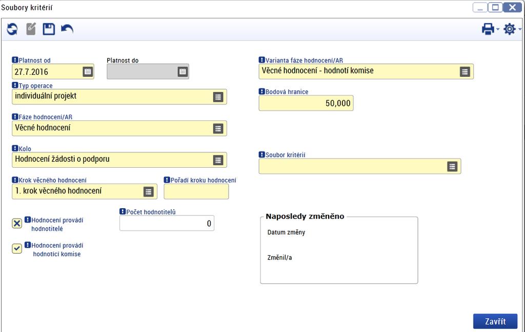 Checkbox Zobrazit napravitelnost kritérií žadateli : (ano) vytvořený záznam je potřeba vždy uložit.
