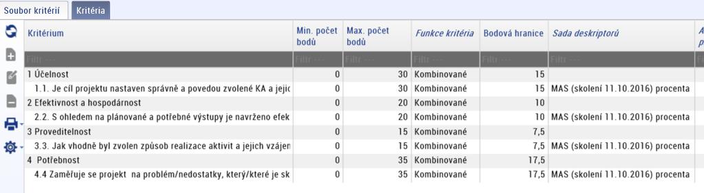 Pole Nadřazené kritérium : volba nadřazeného uzlu k aktuálně editovanému kritériu, Pole Aspekty kvality : nepovinné pole, MAS ponechá nevyplněné, Pole Funkce kritéria : Kombinované kritérium, Pole