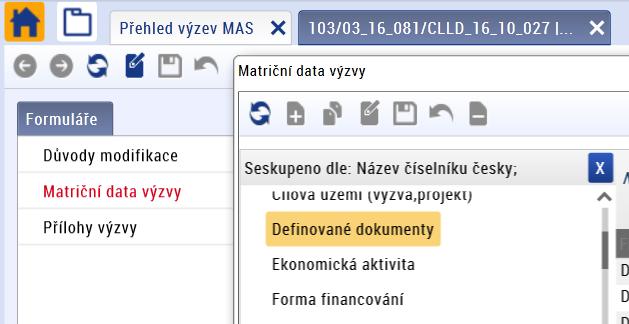 U nového záznamu je nutné vyplnit pole: Pole Kód přílohy : slouží k rozpoznání kritéria, stanoví MAS (možná kombinace písmen a číslic), Pole Název CZ : textové pole, název určí MAS,