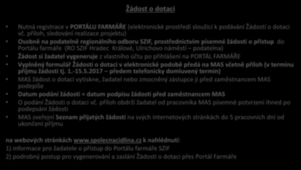 Žádost o dotaci Nutná registrace v PORTÁLU FARMÁŘE (elektronické prostředí sloužící k podávání Žádostí o dotaci vč.