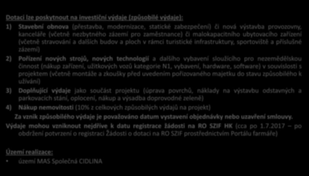 Dotaci lze poskytnout na investiční výdaje (způsobilé výdaje): 1) Stavební obnova (přestavba, modernizace, statické zabezpečení) či nová výstavba provozovny, kanceláře (včetně nezbytného zázemí pro