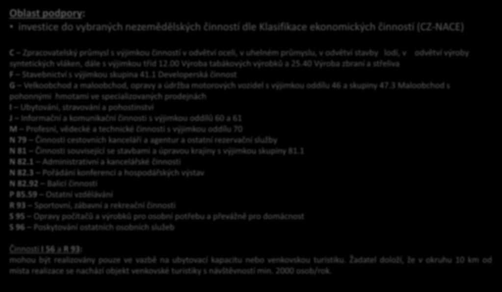 Oblast podpory: investice do vybraných nezemědělských činností dle Klasifikace ekonomických činností (CZ-NACE) C Zpracovatelský průmysl s výjimkou činností v odvětví oceli, v uhelném průmyslu, v