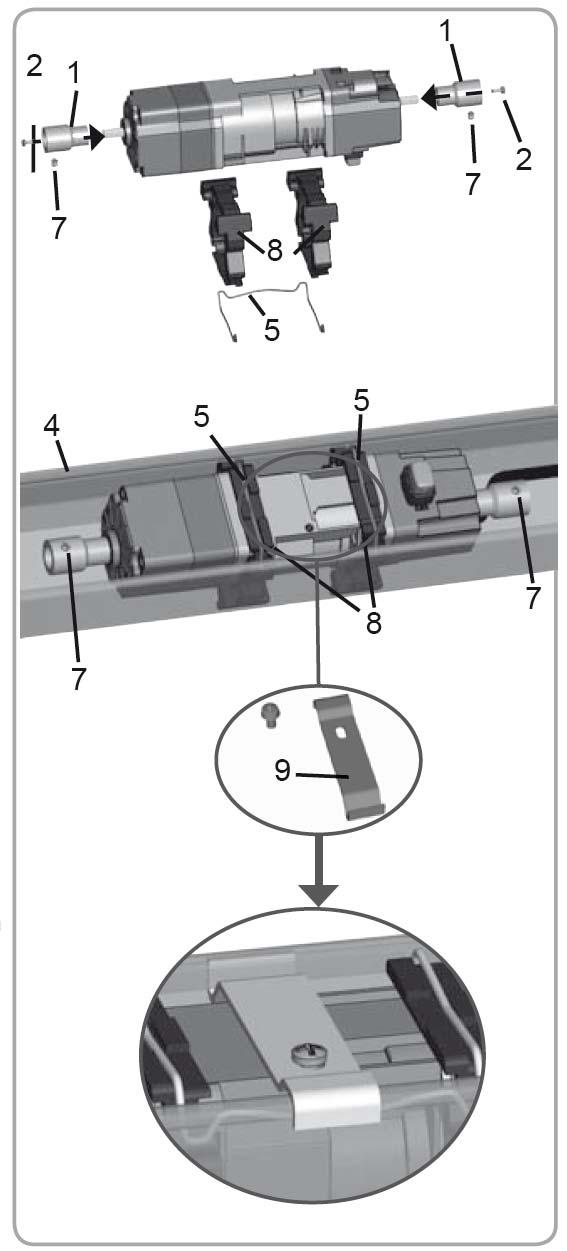 4.4.2 Montáž pohonů J418 (s krouticím momentem 18 Nm) Nasuňte na obě hřídele pohonu adaptéry (1) a přišroubujte je pomocí šroubů M3x8 (2).