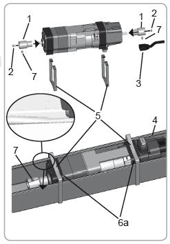 4 VESTAVBA POHONU 4.1 Profil 57x51 mm nebo 58x56 mm otevřený dolů Nasuňte na obě hřídele pohonu adaptéry (1) a přišroubujte je pomocí šroubů M3x8 (2).