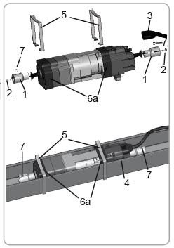 Upevněte pohon v profilu (4) pomocí upínacích spon (5) na místě odhlučňovacích pásků (6a). Pomocí červíků (7) upevněte hnací hřídel žaluzie v adaptérech (1). Utahovací moment = 2 Nm max.