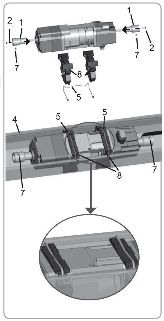 4.4 Profil 78x67 mm otevřený dolů 4.4.1 Montáž pohonů J406 / J410 (s krouticím momentem 6 nebo 10 Nm) Nasuňte na obě hřídele pohonu adaptéry (1) a přišroubujte je pomocí šroubů M3x8 (2).