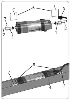 3.3 Profil 57x51 mm otevřený nahoru Montáž s vnějšími sponami Nasuňte na obě hřídele pohonu adaptéry (1) a přišroubujte je pomocí šroubů M3x8 (2).