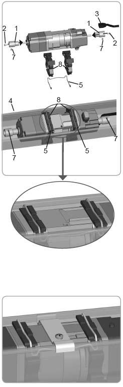 3.4 Profil 78x67 mm otevřený dolů 3.4.1 Montáž pohonů J406 RTS / J410 RTS (s krouticím momentem 6 / 10 Nm) Nasuňte na obě hřídele pohonu adaptéry (1) a přišroubujte je pomocí šroubů M3x8 (2).