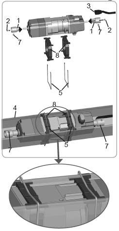 3.5 Profil 67x66 mm otevřený dolů Nasuňte na obě hřídele pohonu adaptéry (1) a přišroubujte je pomocí šroubů M3x8 (2). Utahovací moment 1,35 Nm ±20% Zastrčte přívodní kabel (3) do konektoru pohonu.