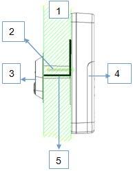 1 Dveře 2 Šroub 3 Venkovní kamera 4 Emitor 5 Přípojka Vložení baterie Na obrázku vidíte na levé straně emitor a na pravé straně monitor (vnitřní sluchátko).