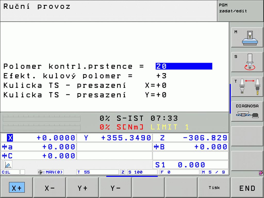 2.2 Kalibrace spínací dotykové sondy Zobrazení kalibračních hodnot TNC ukládá efektivní délku, efektivní rádius a hodnotu přesazení středu dotykové sondy a při pozdější práci s 3D-dotykovou sondou