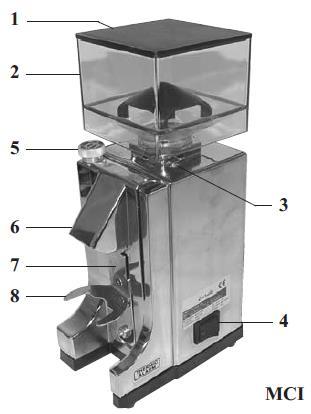 Dávkovač kávy 8. Podstavec na páku 9. Kryt nádržky na pomletú kávu Verzia bez dávkovača (fresh mlynček) MCI 1. Kryt nádržky na zrnkovú kávu 2.