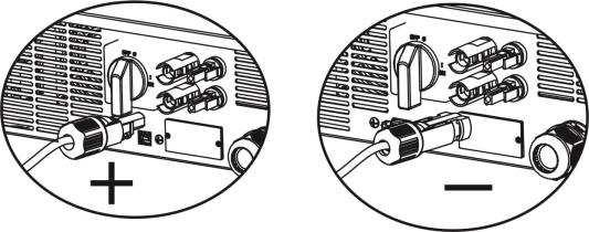 Krok 4: Zkontrolujte správnou polaritu připojovacích kabelů PV pole a vstupních svorek. Připojte kladný pól (+) připojovacích kabelů ke kladné (+) svorce vstupního konektoru.