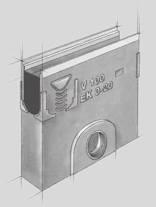 Žľab 1 m, na vyžiadanie s britvovým labyrintovým tesnením DN 100 pre zvislý odtok Žľab 1 m s 0,5% spádom Žľab 0,5 m s predtvarovaním pre rohové spoje, T-spoje a krížové spoje s predtvarovaním pre