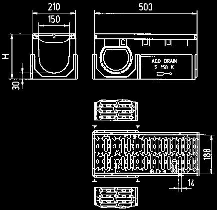 S 150 K líniový odvodňovací systém pre prípady vysokého zaťaženia, svetlá šírka 15,0 cm triedy zaťaženia D 400 1), E 600, F 900 podľa STN EN 1433 Žľab S 150 K Powerlock z polymérbetónu s