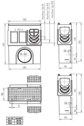 S 150 K líniový odvodňovací systém pre prípady vysokého zaťaženia, svetlá šírka 15,0 cm triedy zaťaženia D 400 1), E 600, F 900 podľa STN EN 1433 Vpust S 150 K 1) jednodielny, z polymérbetónu stav.