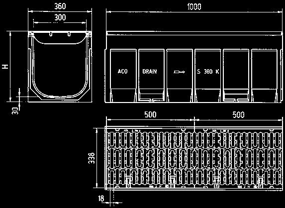 Príslušenstvo pre utesnenie žľabovej línie, viď str. 89 Adaptér S 300 K z polymérbetónu na zmenu smeru toku s liatinovou hranou vhodné pre typ 0.