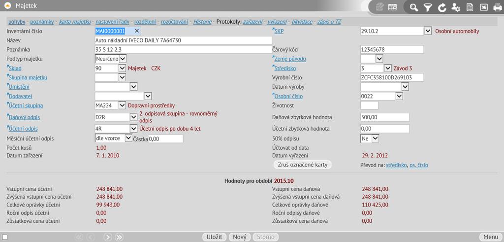 Evidence majetku (3.1) Majetek je evidován na kartách. K majetku na kartě jsou přiřazeny důležité vlastnosti formou výběru z číselníků, mj.