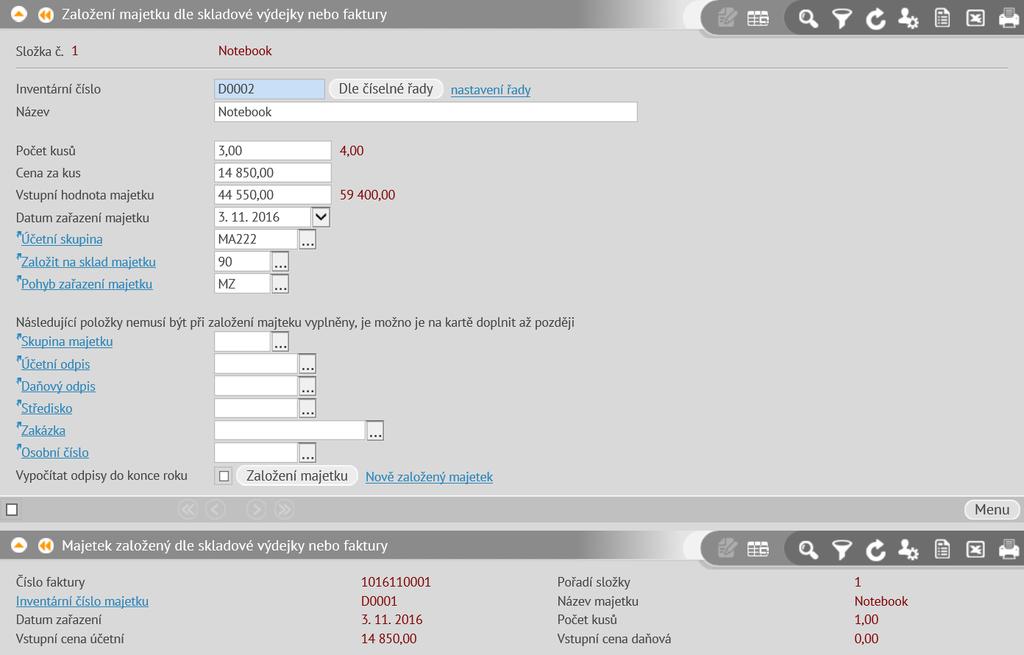 Dále je nutné vyplnit následující položky: Inventární číslo lze zadat ručně nebo stiskem tlačítka Dle číselné řady Účetní skupina určuje způsob účtování. Popis viz kapitola Ruční pořízení majetku.
