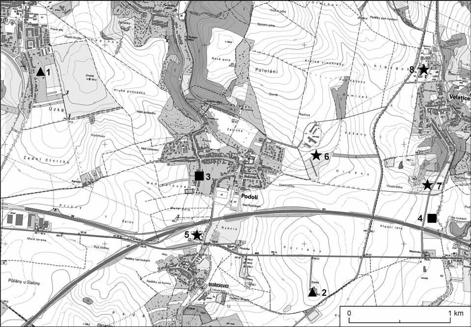 230 David Parma Stanislav Stuchlík Obr. 14. Mikroregion v okolí Podolí u Brna s lokalitami z pozdní doby bronzové: 1 Brno-Líšeň, Holzova ul.