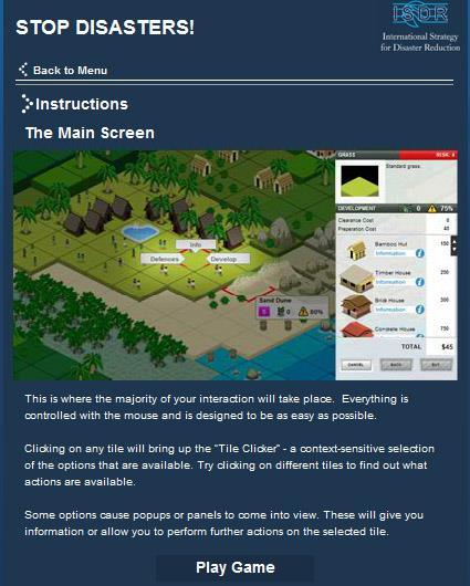 On-line hra obsahuje k výběru pět scénářů přírodních pohrom (Obr.