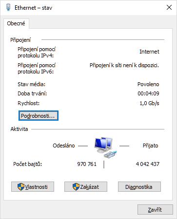 Otevře se nám okno síťového připojení, kde klikneme na tlačítko podrobnosti Na obrázku vidíme naši IP adresu, masku podsítě a výchozí bránu zařízení.
